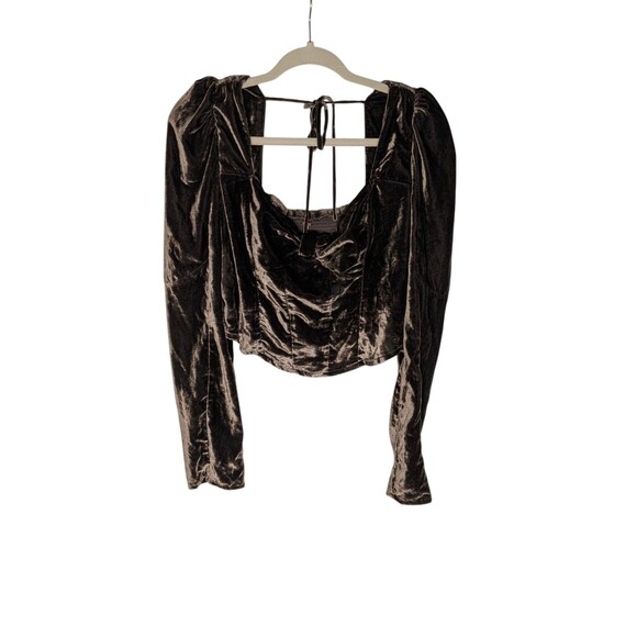 Free People Bridgette Brown Velvet Crop Top  Women's Sz L Puff Sleeve Forest - Picture 2 of 11